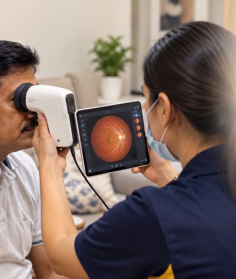 Optometrist performing digital retina imaging for retinal and diabetic retinopathy screening