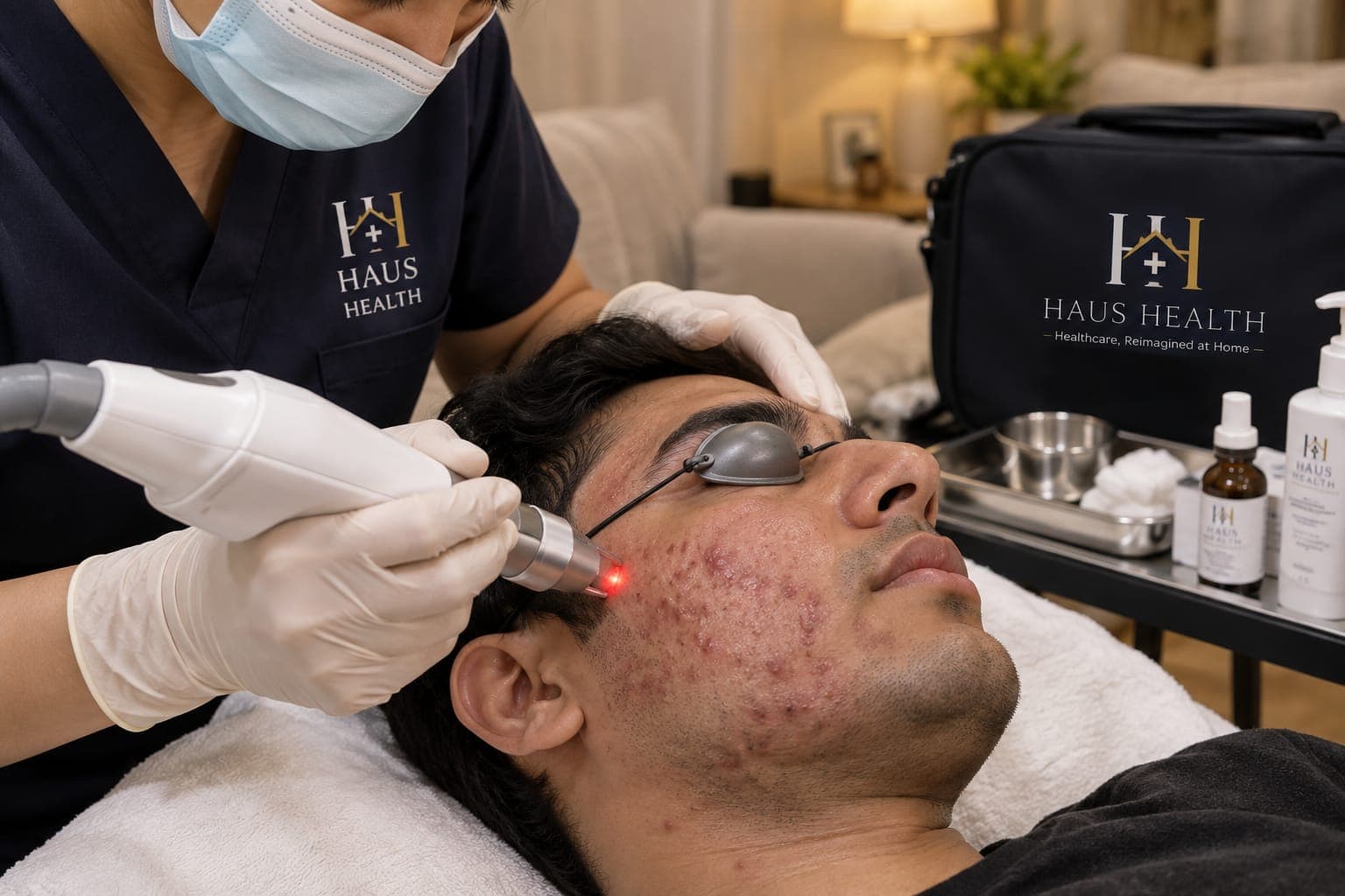 Close-up of natural skin texture during an acne consultation